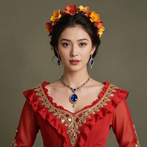 Photograph of an Asian woman with fair skin, wearing a red dress with gold embroidery, blue gemstone necklace and earrings, and an orange-yellow flower