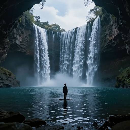 Photograph of a person standing alone in a misty, blue-tinted pool beneath towering, multi-tiered waterfalls framed by dark, rocky