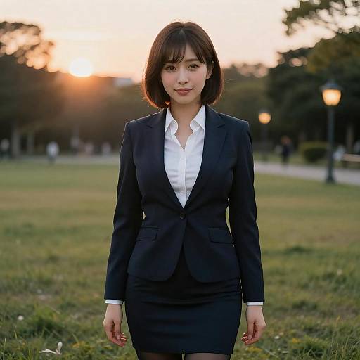 Japanese Businesswoman in Park at Sunset