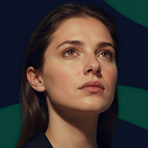 Photorealistic digital portrait of a young woman with fair skin, brown eyes, and straight brown hair, gazing upward with a neutral expression, against
