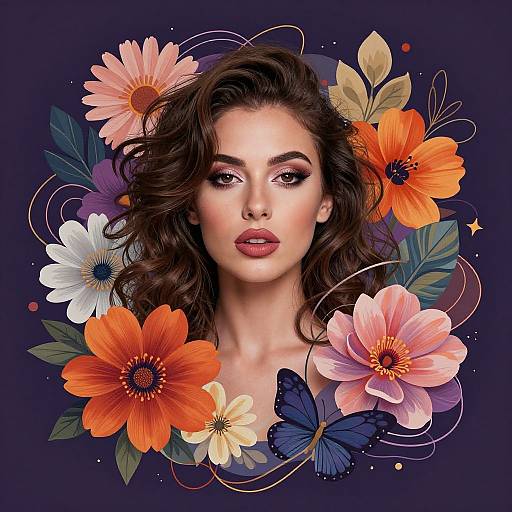 Digital portrait of a beautiful woman with wavy brown hair, surrounded by vibrant orange, pink, and white flowers, and a blue butterfly on a dark