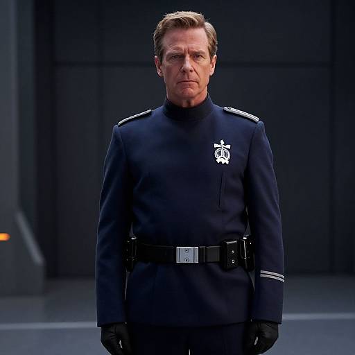 Photograph of a serious-looking middle-aged man in a dark blue military-style uniform with white insignia, black gloves, and belt, standing in a