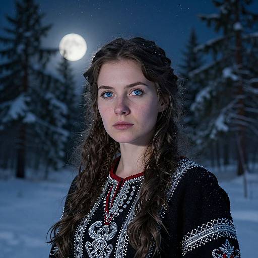 Photograph of a fair-skinned woman with blue eyes, long wavy brown hair, and intricate black and white embroidered dress, standing in a snowy