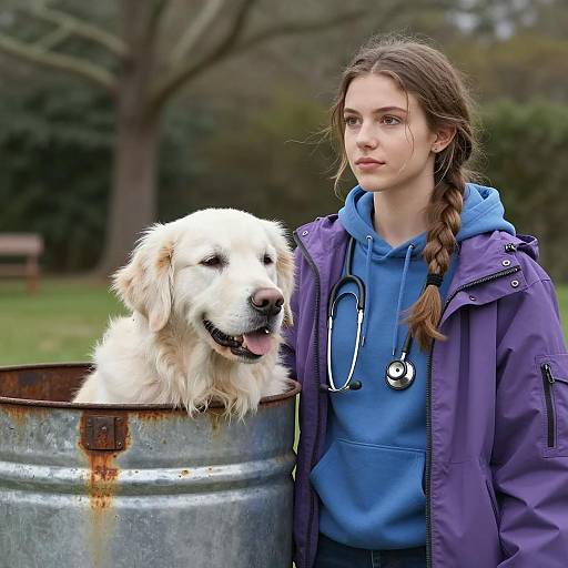 Young Woman with Golden Retriever Outdoors