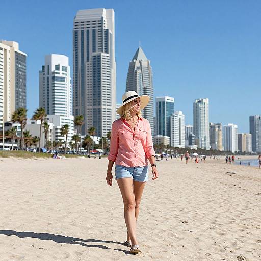 Photograph of a blonde woman in pink shirt and denim shorts, white hat, walking on sunny beach with modern skyscrapers in background.