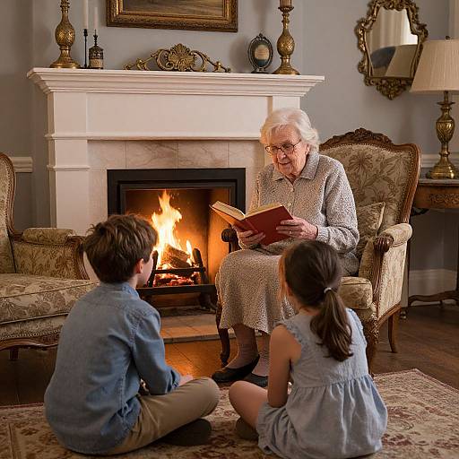 Photograph of elderly white woman with white hair and glasses, reading to two children sitting by a lit fireplace in a vintage living room.