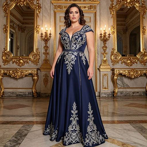 Photograph of a curly-haired woman in a deep blue, full-length gown with white floral embroidery, standing in an opulent, gold-accented