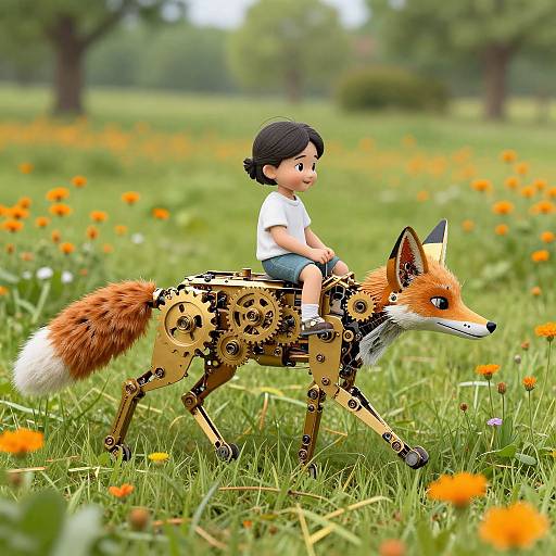 Digital art: Asian child with black hair rides mechanical fox with gears in a vibrant meadow filled with orange flowers.