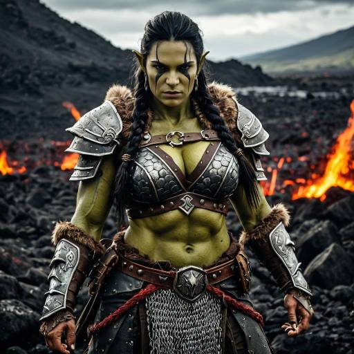 Fierce Female Orc Warrior in Volcanic Battlefield