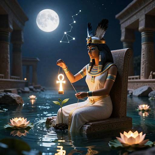 Isis Goddess Weaving Fate by Moonlit Temple Lagoon