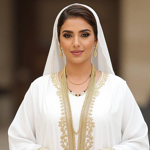 Photograph of a beautiful South Asian woman with dark hair, brown eyes, wearing a white traditional dress with gold embroidery, white veil, gold earrings,