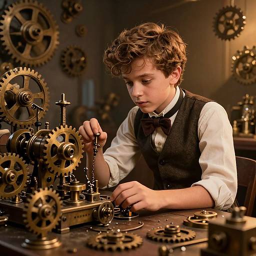 Photograph of a young, curly-haired boy in a Victorian-style black vest and bow tie, meticulously adjusting brass gears and cogs in a dimly