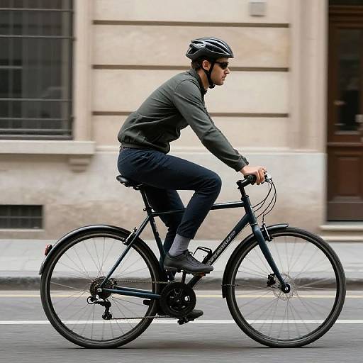 Photograph of a bearded man in a dark green jacket, black pants, and helmet, riding a black road bike on a city street. Bl