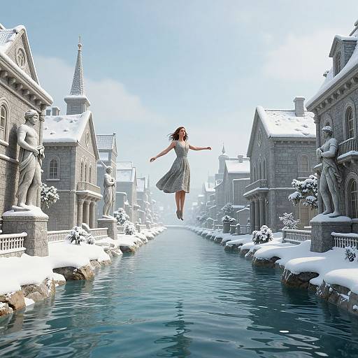 Digital illustration of a red-haired woman in a flowing gray dress, mid-jump, over a snowy, stone canal with statues and historic buildings. Blue