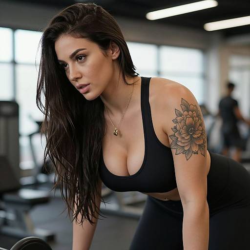 Photograph of a fit woman with long brown hair, black sports bra, and flower tattoo on shoulder, leaning forward in a gym.
