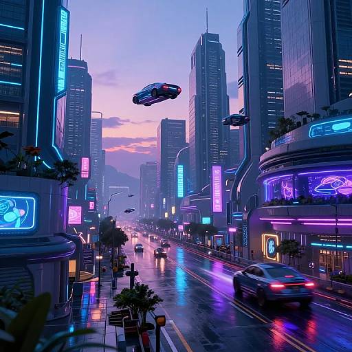 Neon-lit futuristic city street at dusk with flying cars, glowing skyscrapers, and vibrant purple, blue, and pink lights reflecting on wet