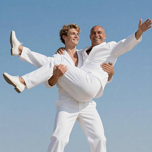 Dynamic Duo in White Suits Under Blue Sky