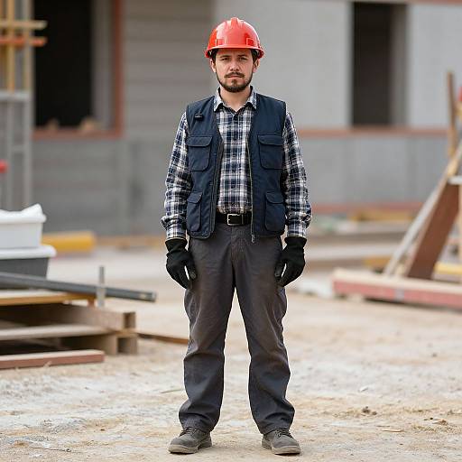 Photograph of a bearded man in a red hard hat, black vest, plaid shirt, and gloves standing on a construction site.