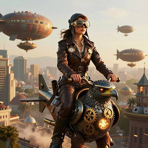 Cyberpunk woman in leather gear and goggles rides a mechanical eagle motorcycle above a futuristic city with floating airships at sunset.