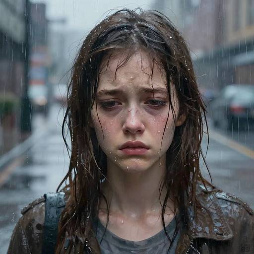 Photograph of a sad, wet-haired young girl with raindrops on her face, standing on a blurred, rainy city street.