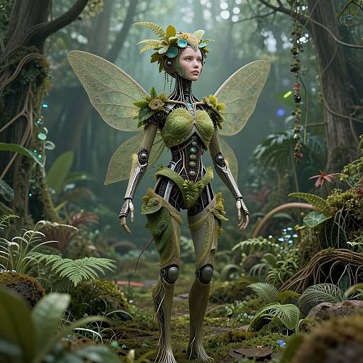 Digital art of a fairy-like humanoid with insect wings, moss-covered robotic body, and flower crown, standing in a lush, mystical forest.