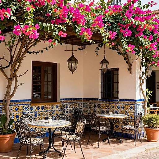 Photograph of a sunny patio with vibrant pink bougainvillea, black wrought iron chairs and tables, blue and yellow tile trim, and rustic lantern