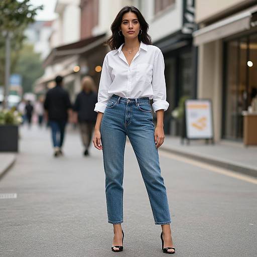 Photograph of a confident woman with dark hair, wearing a white button-up shirt, blue high-waisted jeans, and black heels, standing on