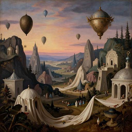 Fantastical painting of a whimsical, mountainous landscape at sunset, featuring floating balloon-like structures, white tent-like buildings, and colorful, distant