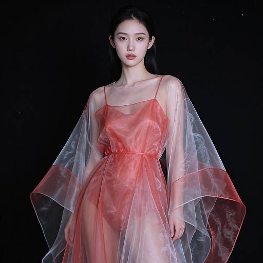 Photograph of a young Asian woman with long black hair, wearing a sheer, red, long-sleeve dress with transparent sleeves, against a black