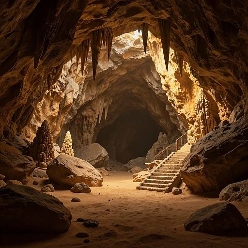 Photograph of a dimly lit cave with hanging icicles, rocky walls, sandy floor, and a sunlit entrance. A stone staircase leads upwards