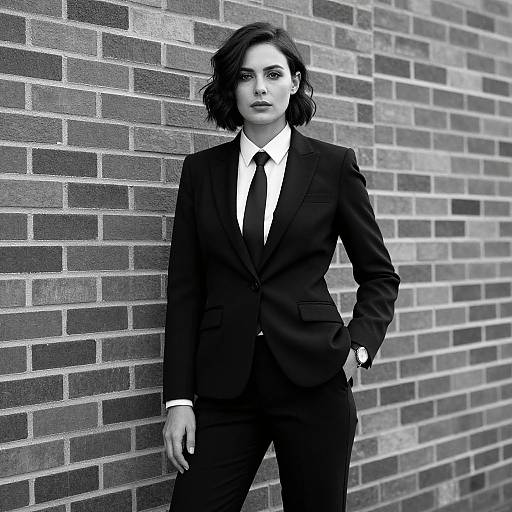Black-and-white photograph of a serious, short-haired woman in a tailored black suit with a white shirt and tie, standing against a brick wall, hand