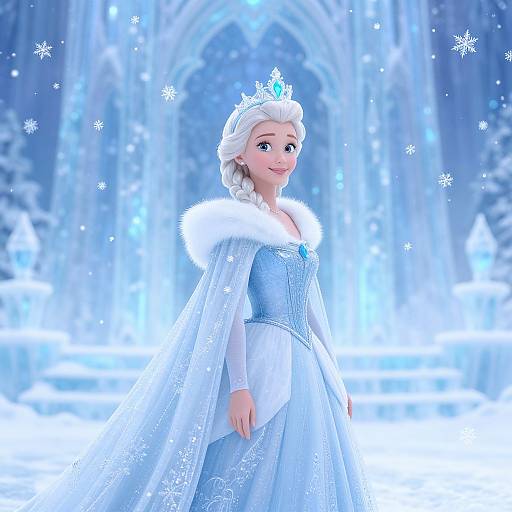 Digital illustration of Elsa from Frozen in a blue, snowflake-embellished gown with fur-trimmed cape, standing in a snowy, ice