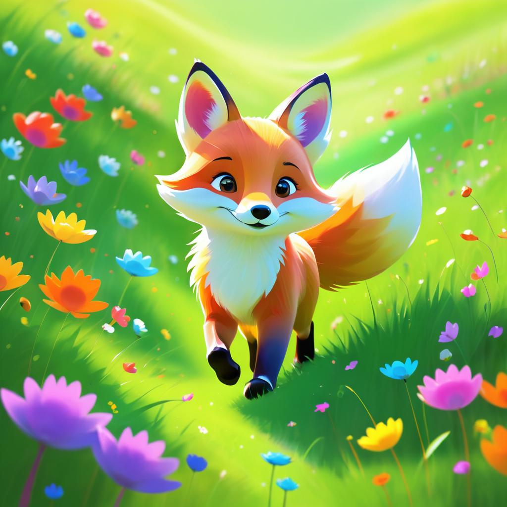 Whimsical Cartoon Fox in Meadow Portrait