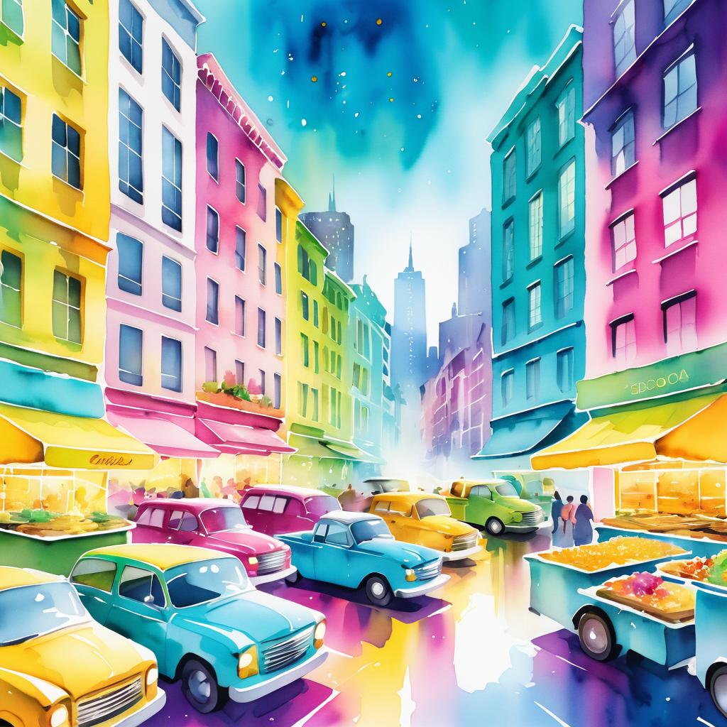 Vibrant Watercolor Cityscape with Food Trucks