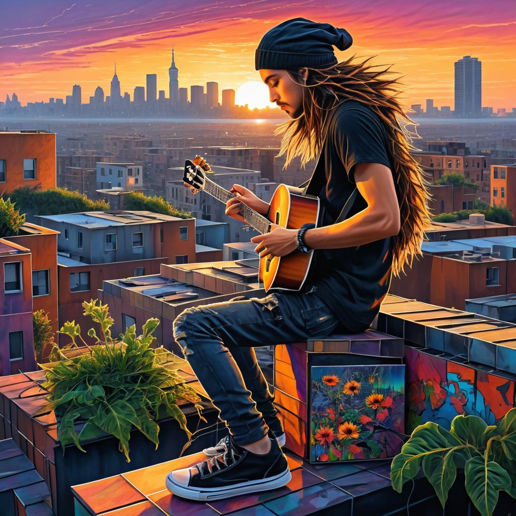 Surreal Rooftop Guitarist at Sunset