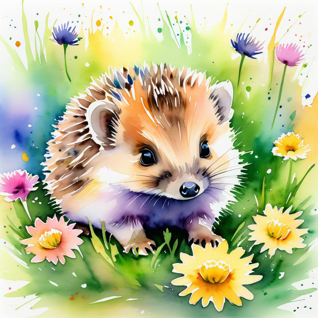 Watercolor Baby Hedgehog in Flower Bed