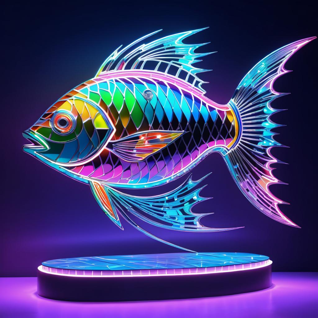 Neon Chrome Fish Statue in Waves