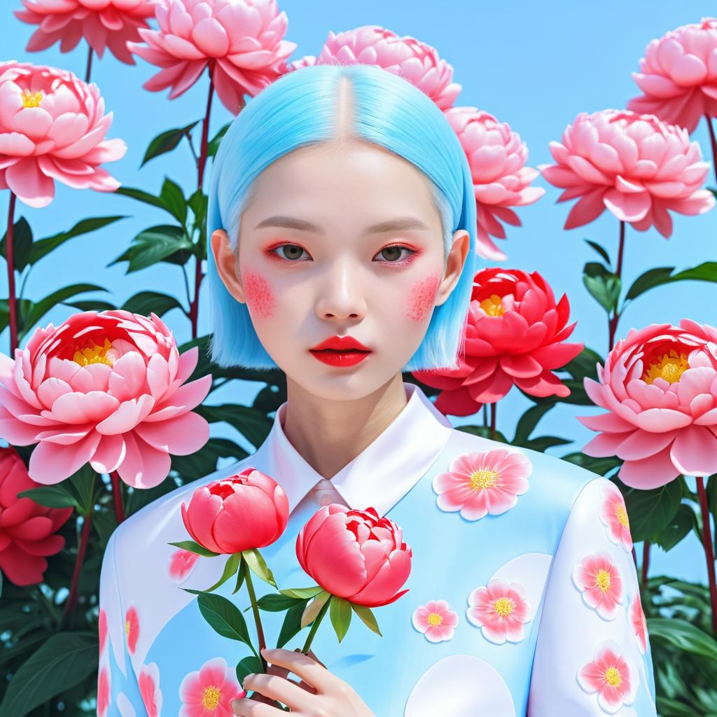 Albino Model Amidst Peonies in Kusama Style