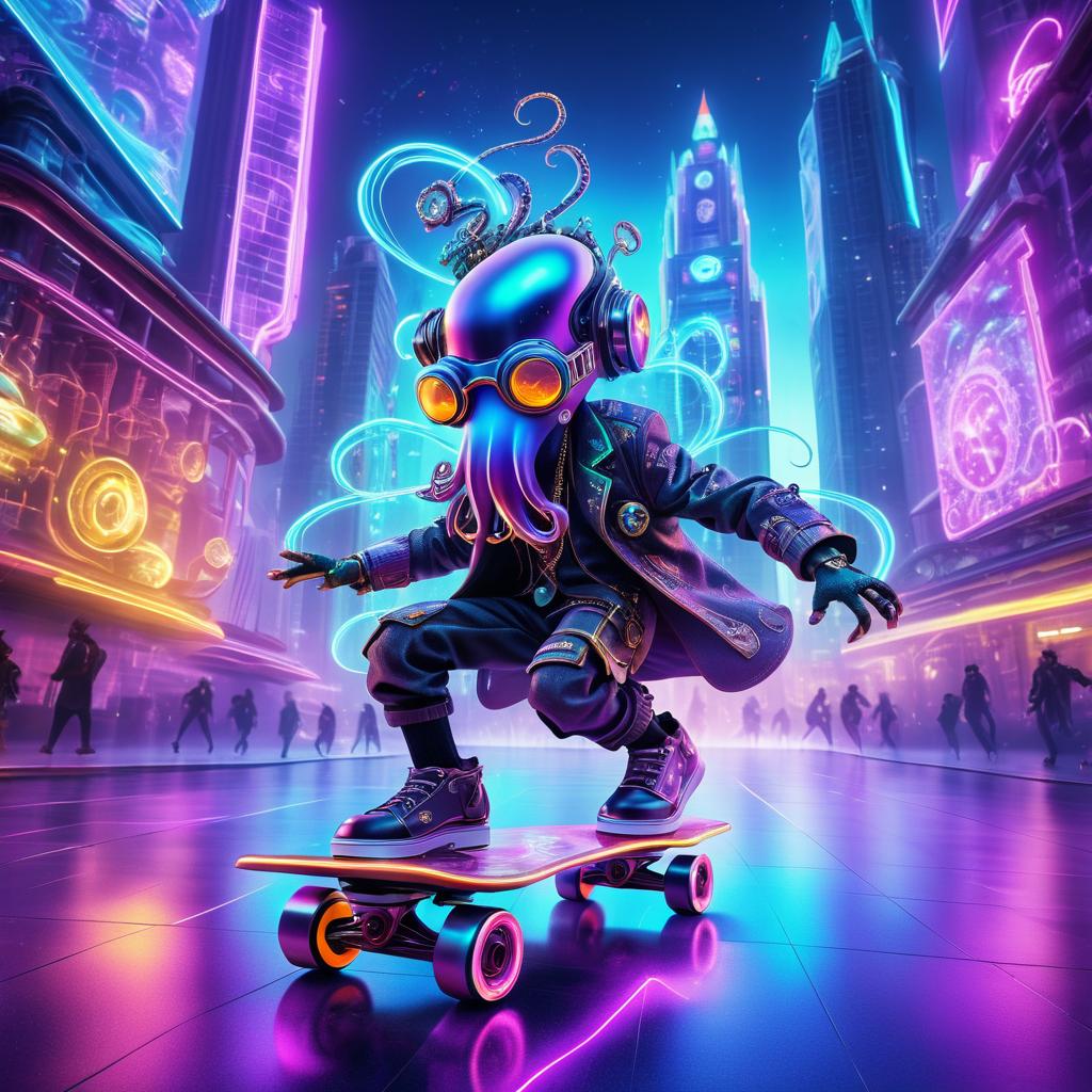 Steampunk Octopus Skateboarding in Neon City