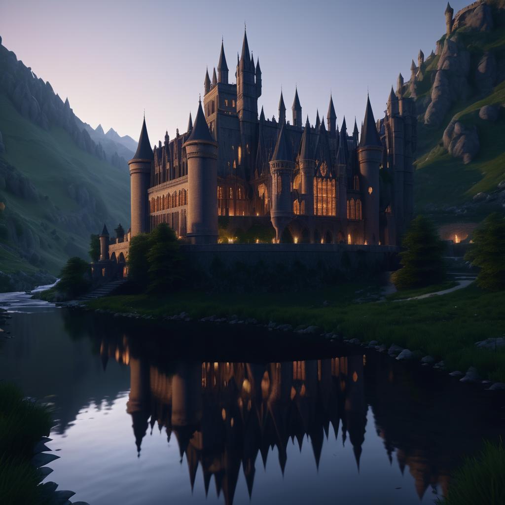 Gothic Castle at Dusk Above River