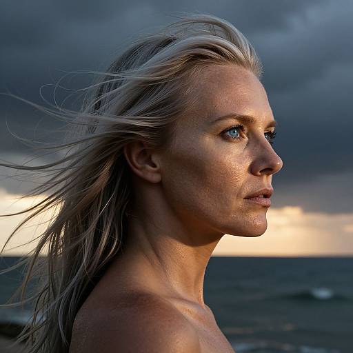 Photograph of a strong, blonde-haired woman with fair skin and blue eyes, gazing at the ocean under a dramatic, stormy sky. Her