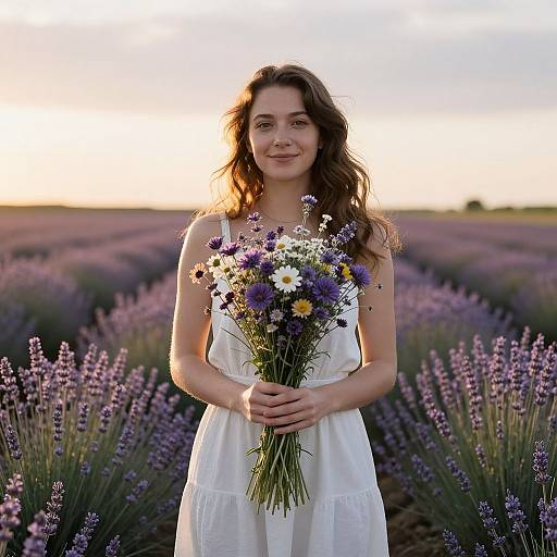 Photograph of a smiling woman with wavy brown hair, wearing a white dress, holding a vibrant bouquet of purple, white, and yellow flowers in