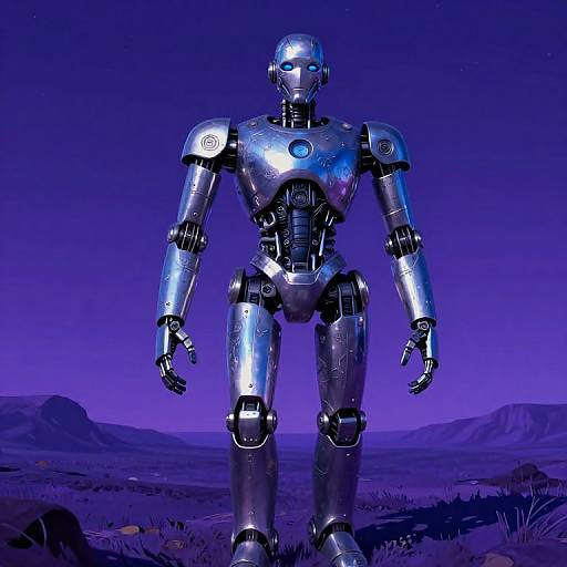 Photorealistic CGI image of a silver, humanoid robot with glowing blue eyes standing in a purple-lit, desert landscape at night.