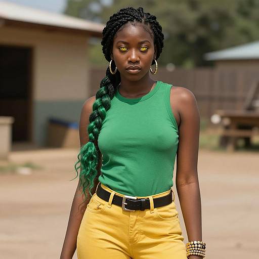 Dark-skinned Woman with Green and Black Braid Wearing Yellow Pants