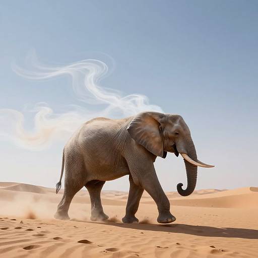 Photograph of a large, gray African elephant with white tusks walking through a bright, sandy desert under a clear blue sky. White smoke swirls
