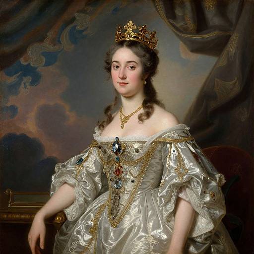 Portrait of a pale-skinned, dark-haired noblewoman with a gold crown, wearing an elaborate, off-shoulder silver gown adorned with jewels,