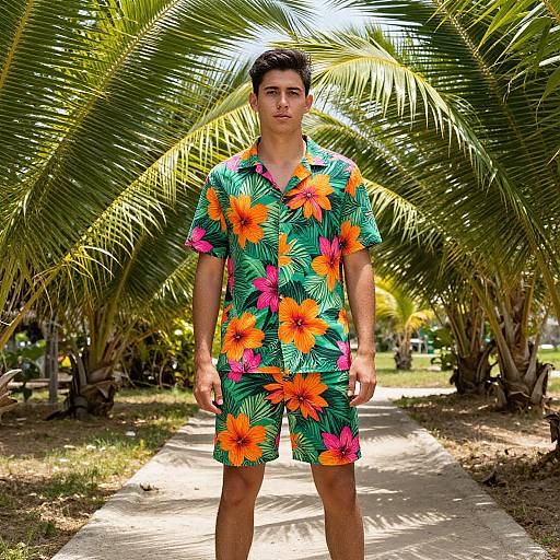 Photograph of a young Asian man in a bright, colorful Hawaiian shirt with orange and pink hibiscus flowers, standing on a sunlit palm