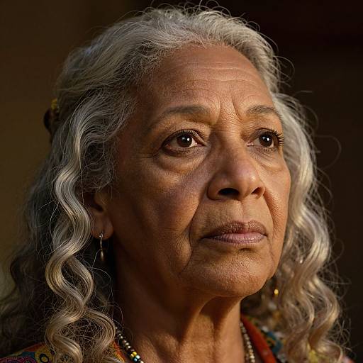 Photograph of an elderly woman with silver, wavy hair, dark brown eyes, and deep wrinkles, wearing a colorful patterned blouse, against a
