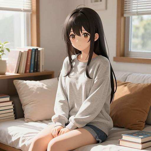 Anime-style digital drawing of a cute, long-black-haired girl in a gray sweatshirt and denim shorts, sitting on a sunlit couch with books and