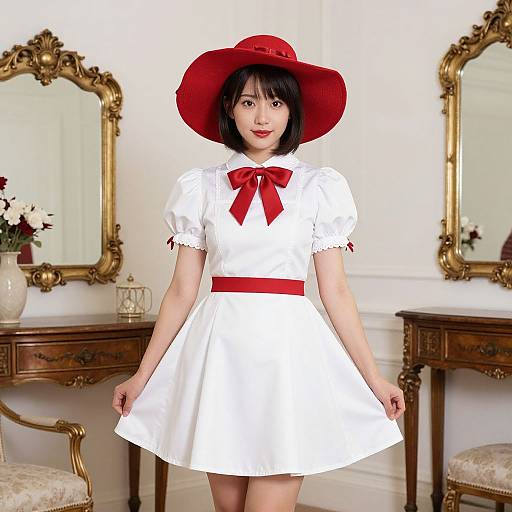 Asian woman in white dress with red bow, red belt, and wide red hat, standing in elegant room with gold mirrors.